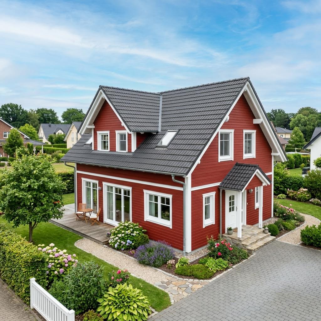 Schwedenhaus Kalmar 136 von Fjorborg Holzhäuser — Holzhaus mit rotem Anstrich, Satteldach und 136 m²