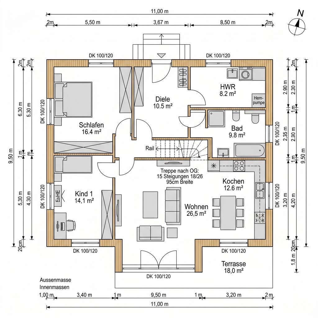 Schwedenhaus Kalmar 136 von Fjorborg Holzhäuser — Holzhaus mit rotem Anstrich, Satteldach und 136 m²