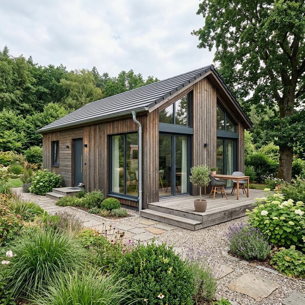 Ferienhaus Skov 52 der Nordic Ferienhaus Manufaktur mit dunkler Holzverschalung und Satteldach