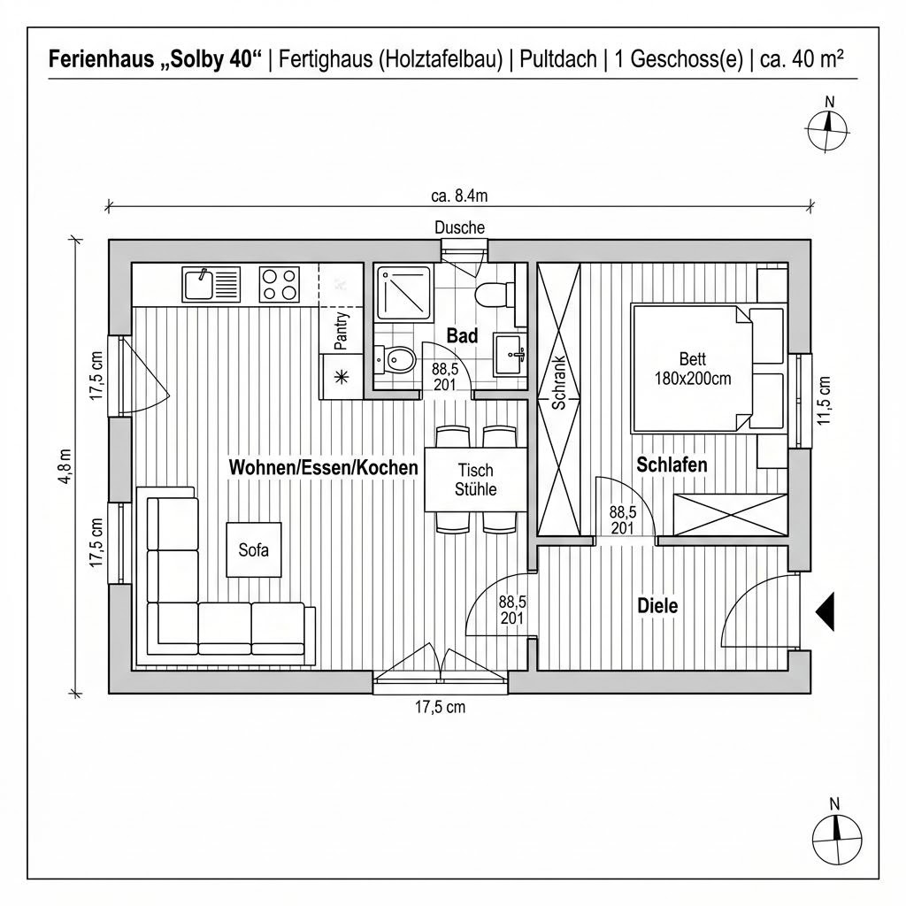Ferienhaus Solby 40 der Nordic Ferienhaus Manufaktur als Tiny House mit Pultdach und Glasfront