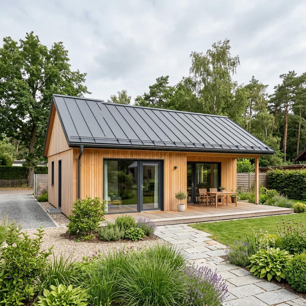 Viken 54 von Fjorborg Holzhäuser Ferienhaus Viken 54 von Fjorborg Holzhäuser als ebenerdiger Bungalow mit Veranda