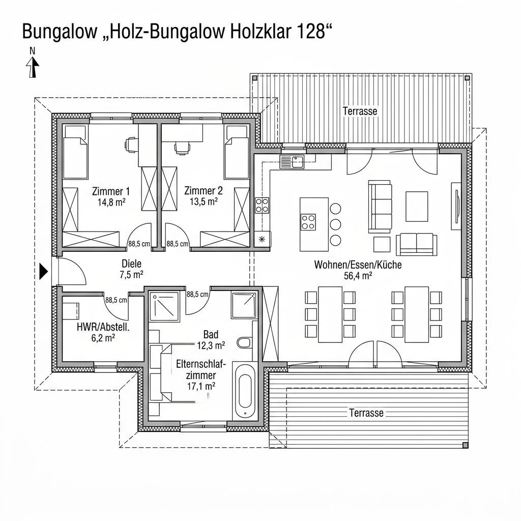 Grundriss Holz-Bungalow Holzklar 128 Grundriss Holz-Bungalow Holzklar 128 von Frammelsberger Holzhaus