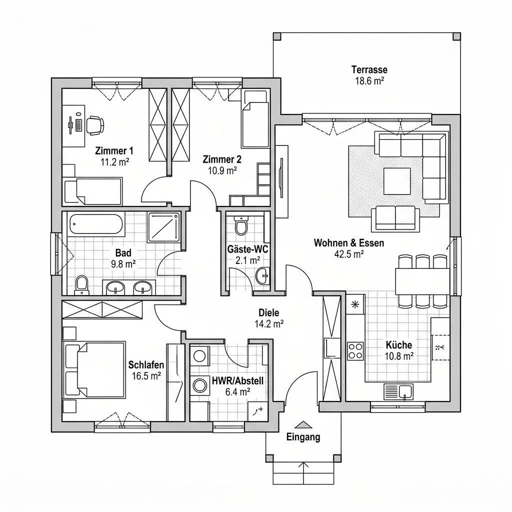 Grundriss Holz-Winkelbungalow 126 Grundriss Holz-Winkelbungalow 126 von Frammelsberger Holzhaus