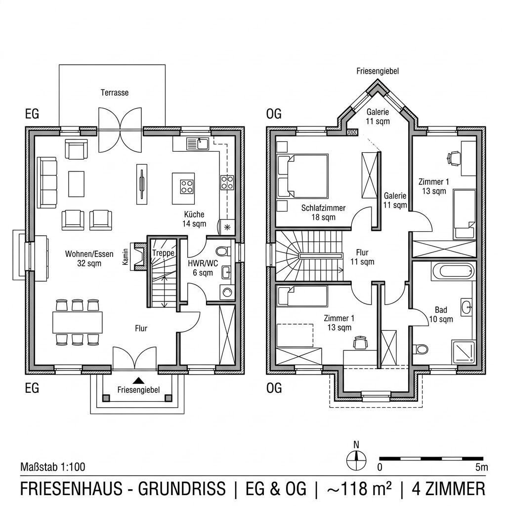 Grundriss Halligblick 118 – 118 m² Friesenhaus mit 4 Zimmern