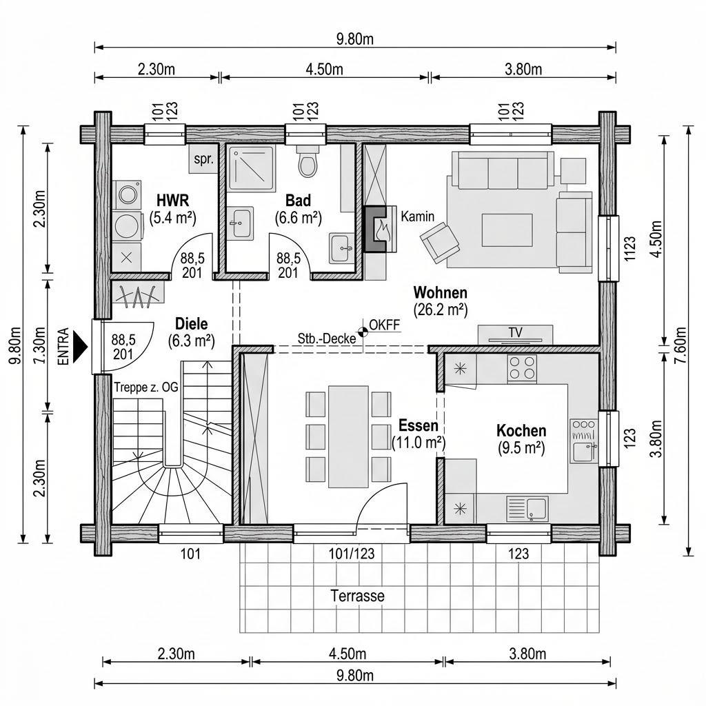 Blockhaus Harz 128 von Fullwood Wohnblockhaus mit Schleppdach über der Terrasse — Massivholzhaus mit 128 m²