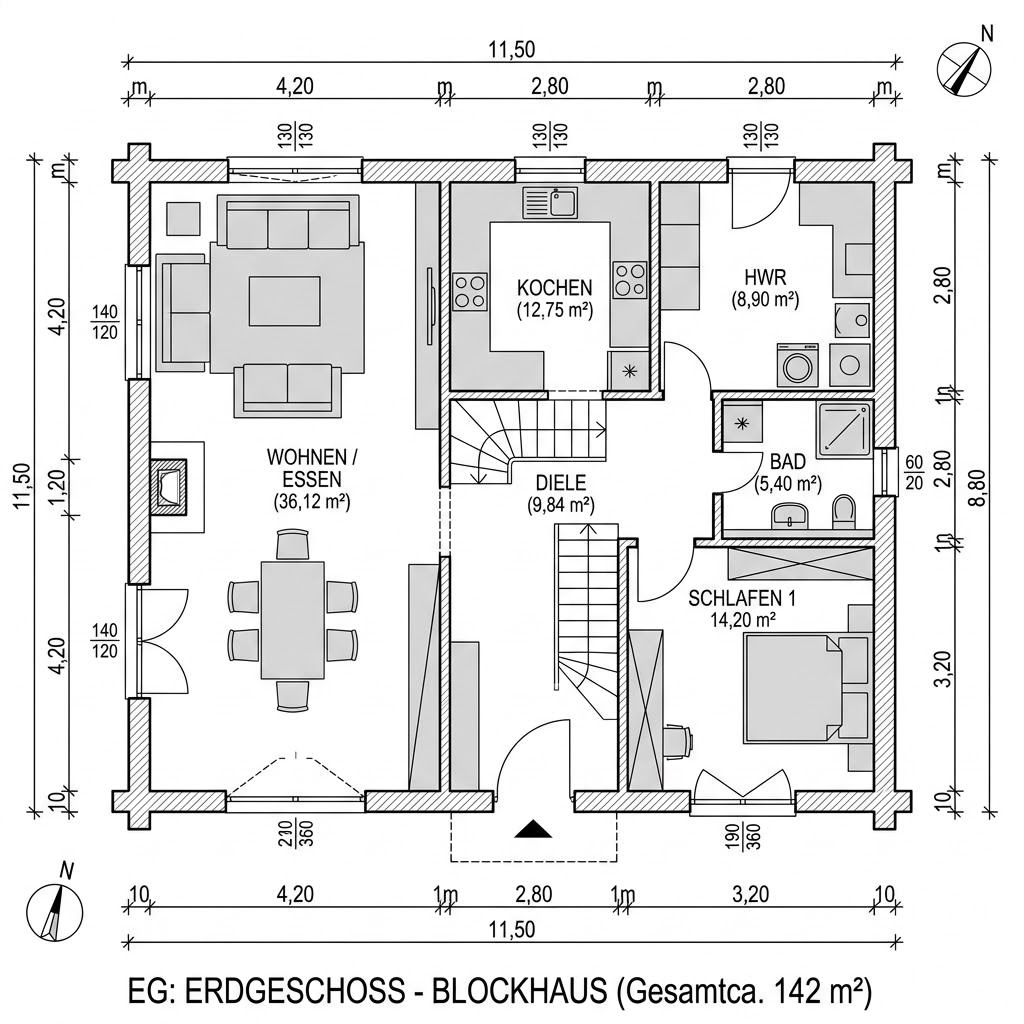 Blockhaus Schwarzwald 142 von Fullwood Wohnblockhaus mit Satteldach — Massivholzhaus mit 142 m²
