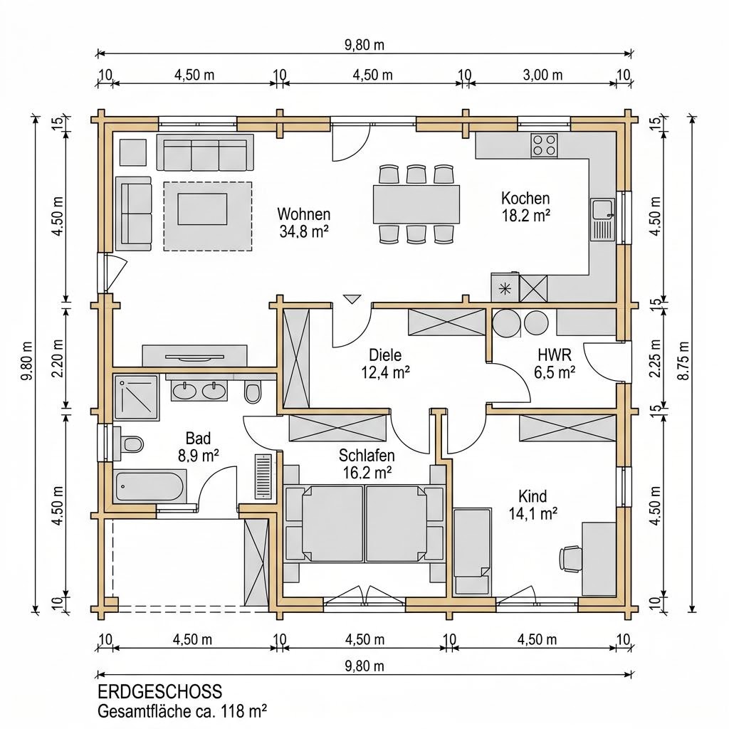 Holzhaus Wohnblockhaus Waldblick 118 von Fullwood Wohnblockhaus — Massivholz-Bungalow mit Walmdach und 118 m²