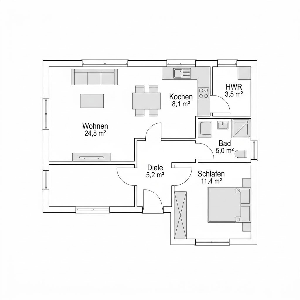 Grundriss Anbau Modul 58 – 58 m² Anbau / Aufstockung mit 2 Zimmern