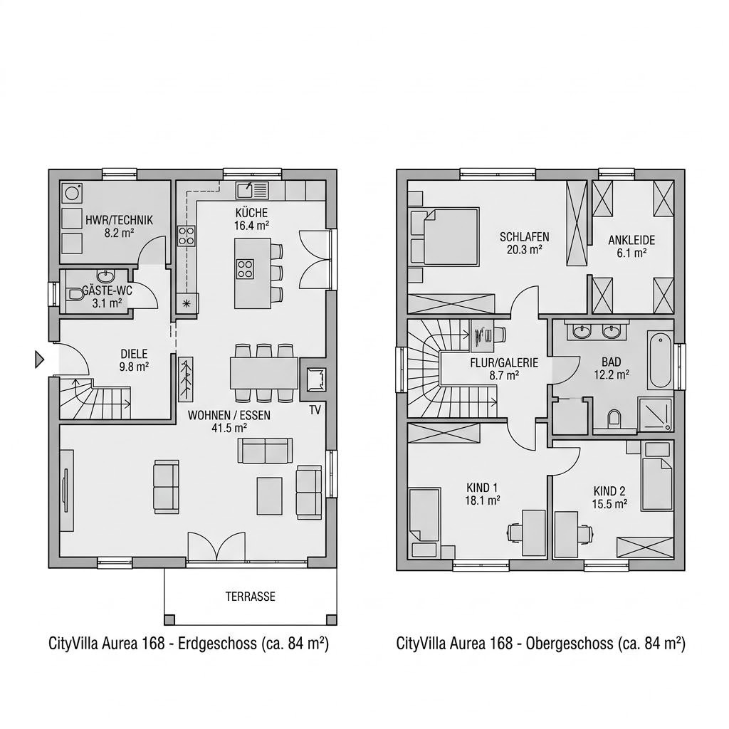 Stadtvilla CityVilla Aurea 168 von GUSSEK HAUS mit Walmdach und bodentiefen Fenstern