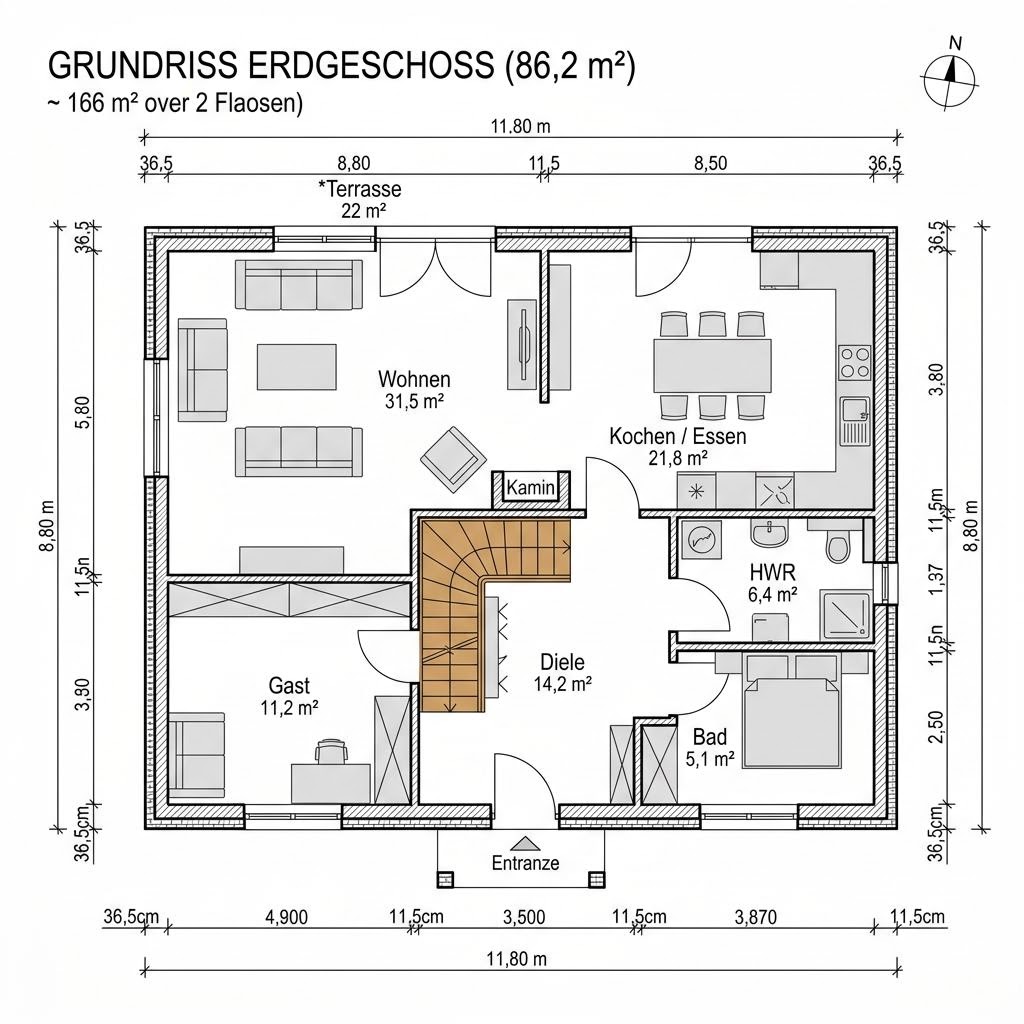 Grundriss Landhaus Birkengrund 166 von GUSSEK HAUS — 166 m², 6 Zimmer