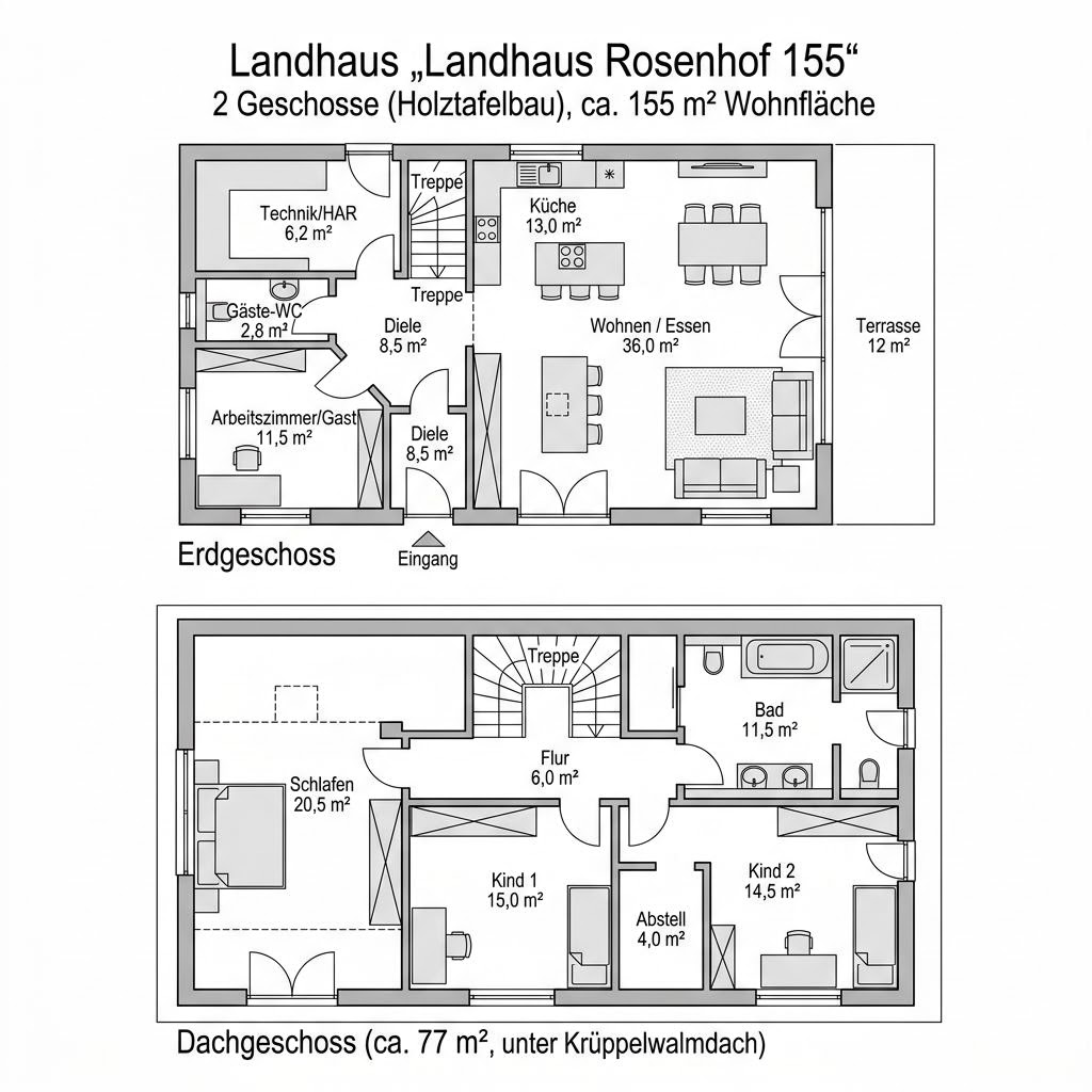Grundriss Landhaus Rosenhof 155 von GUSSEK HAUS — 155 m², 5 Zimmer