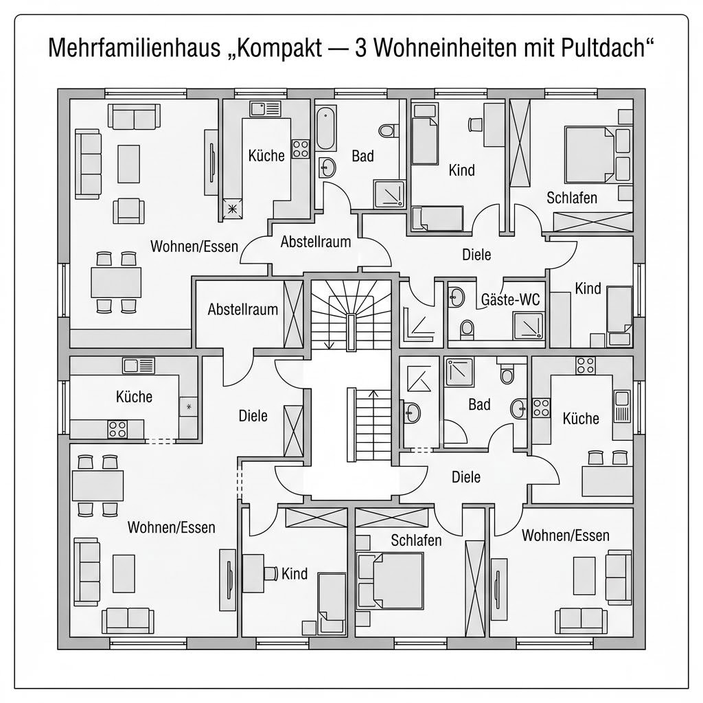 Grundriss Kompakt — 3 Wohneinheiten mit Pultdach von Haas Fertigbau - Mehrfamilienhäuser — 255 m², 11 Zimmer