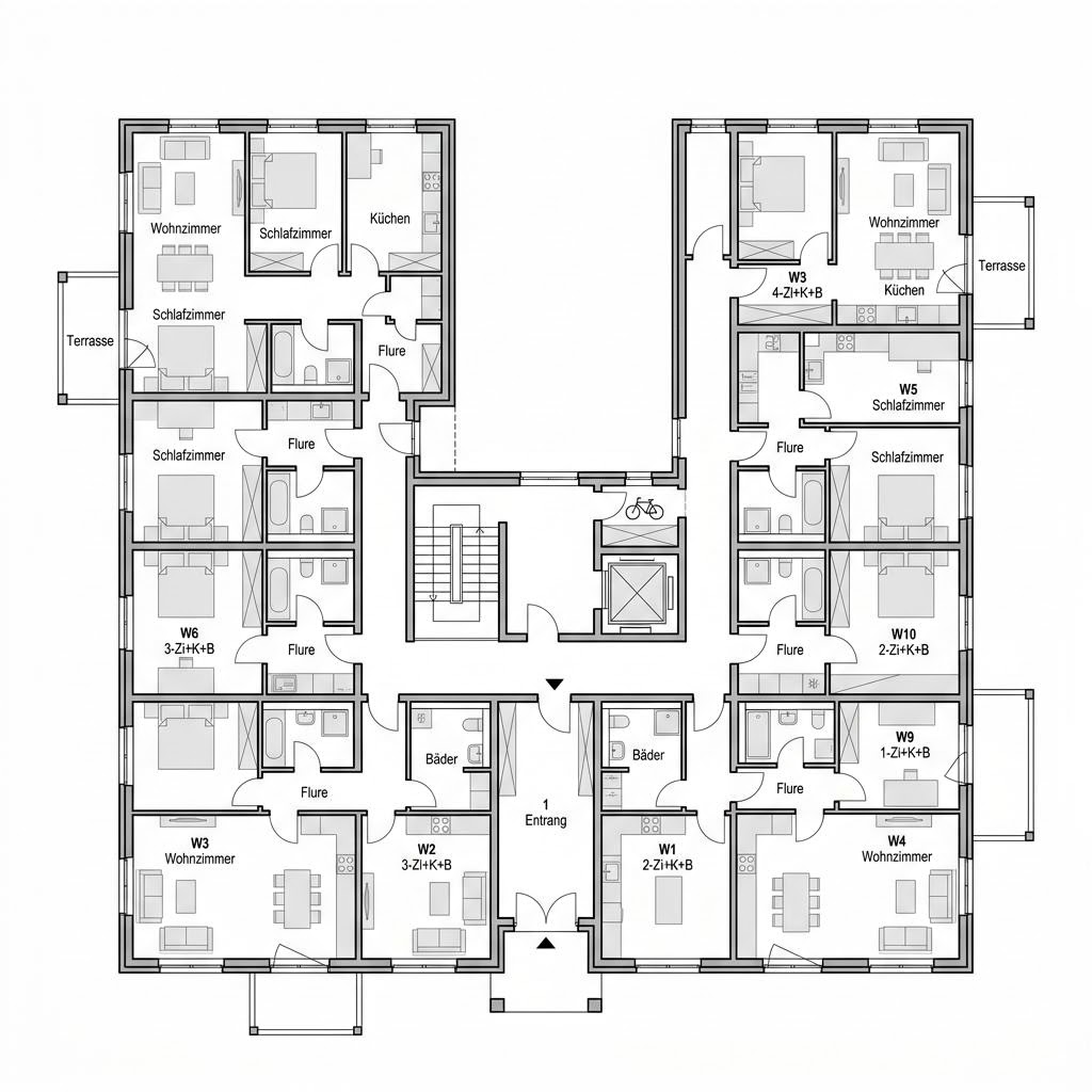Grundriss Stadthaus 8 Wohneinheiten von Haas Fertigbau - Mehrfamilienhäuser — 640 m², 24 Zimmer