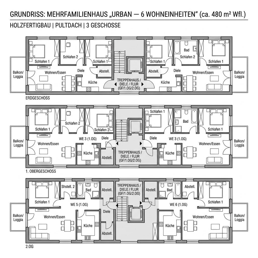 Grundriss Urban — 6 Wohneinheiten mit Pultdach von Haas Fertigbau - Mehrfamilienhäuser — 480 m², 20 Zimmer