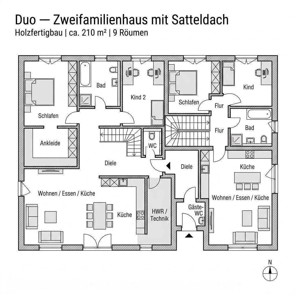 Grundriss Duo — Zweifamilienhaus mit Satteldach – 210 m² Mehrfamilienhaus mit 9 Zimmern