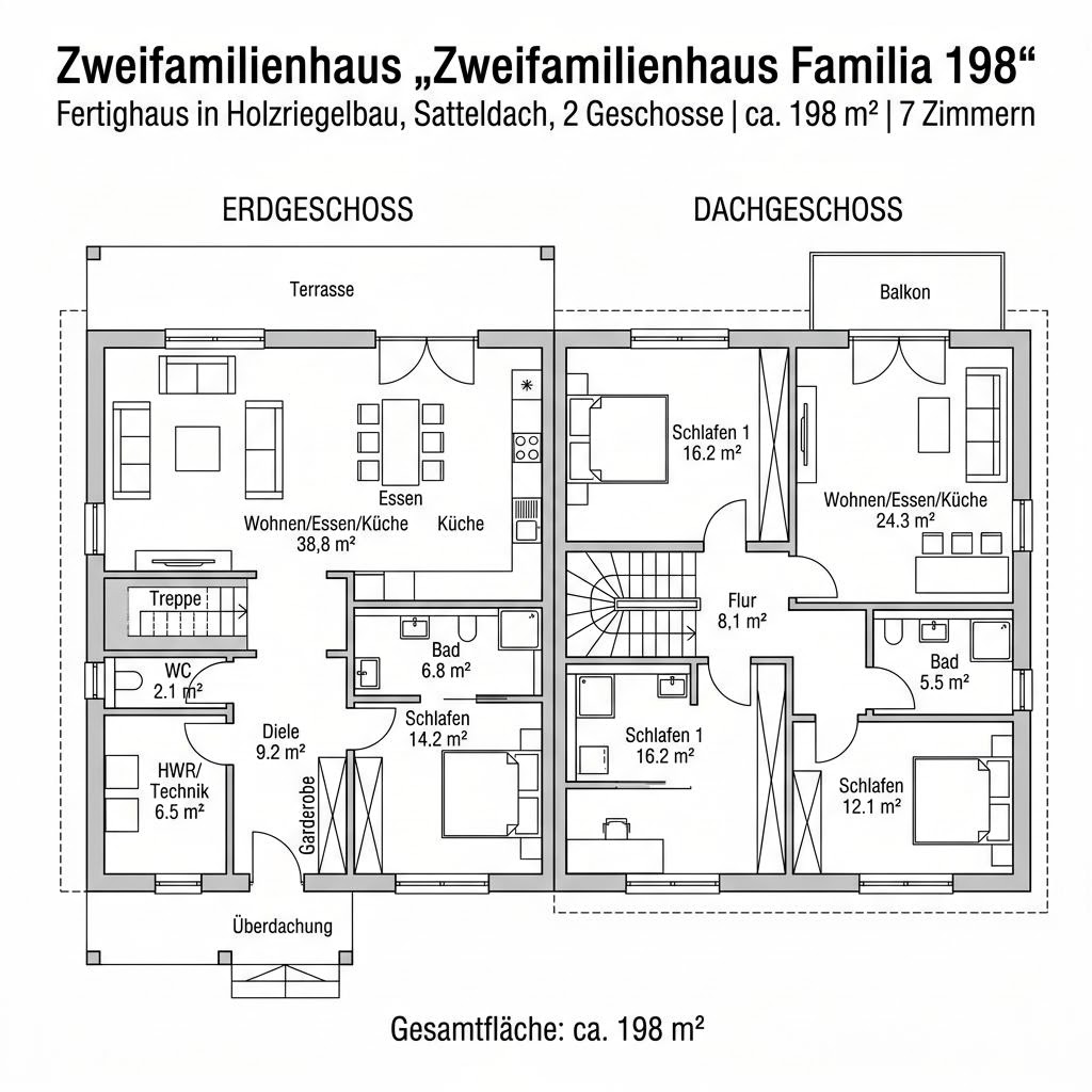 Grundriss Zweifamilienhaus Familia 198 von Haas Fertigbau — 198 m², 7 Zimmer