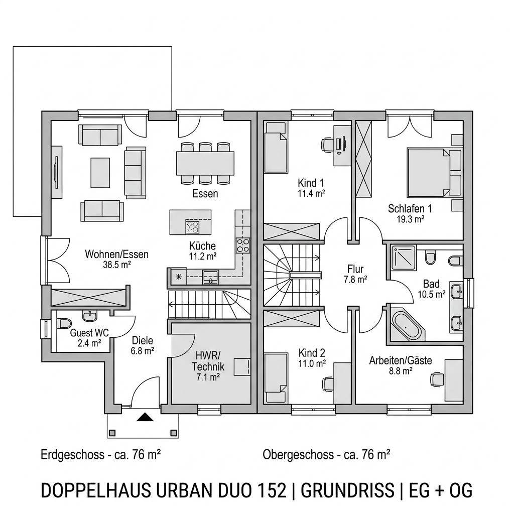 Grundriss Doppelhaus Urban Duo 152 Grundriss Doppelhaus Urban Duo 152 von Hanse Haus