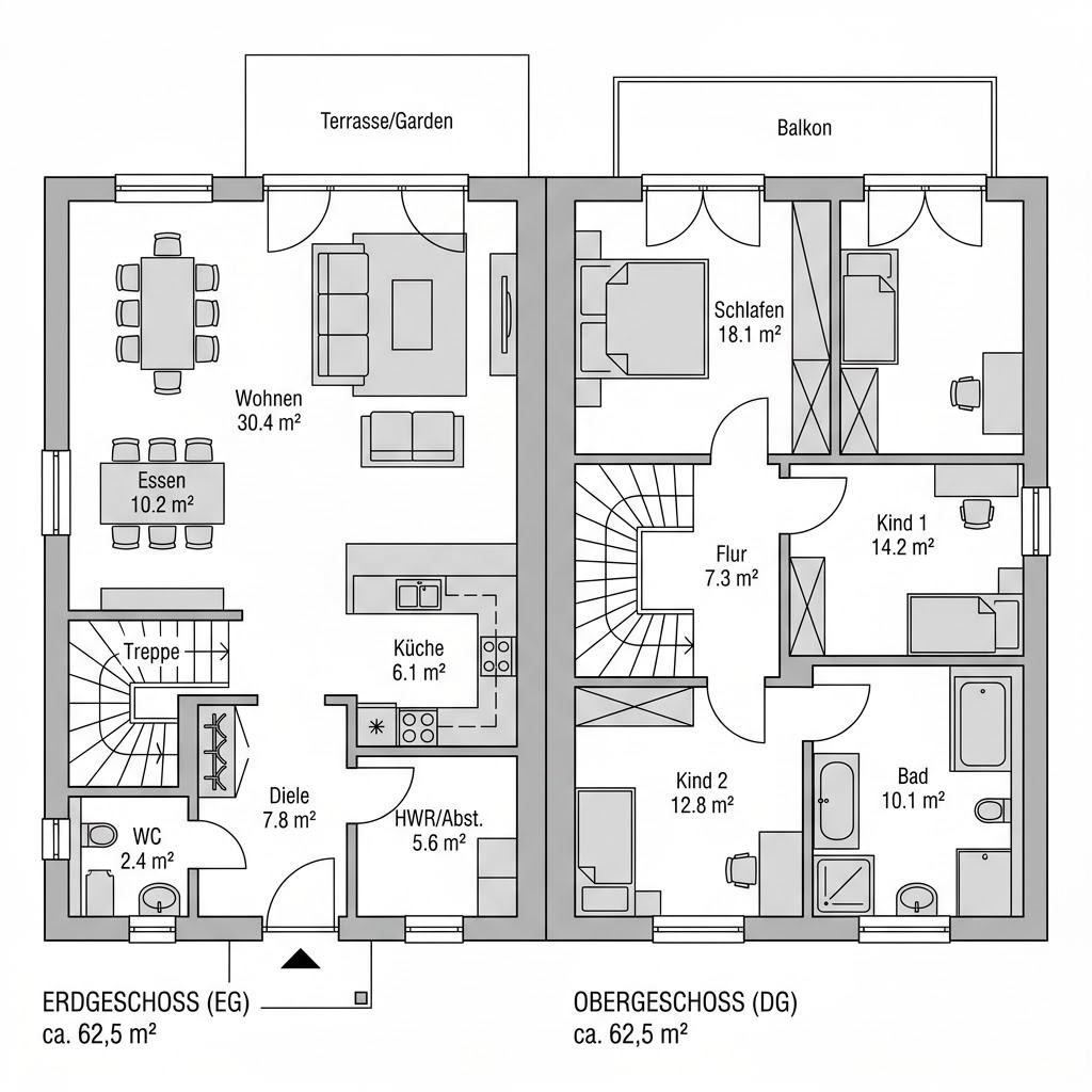 Grundriss Doppelhaus Variant Duo 125 von Hanse Haus — 125 m², 4 Zimmer