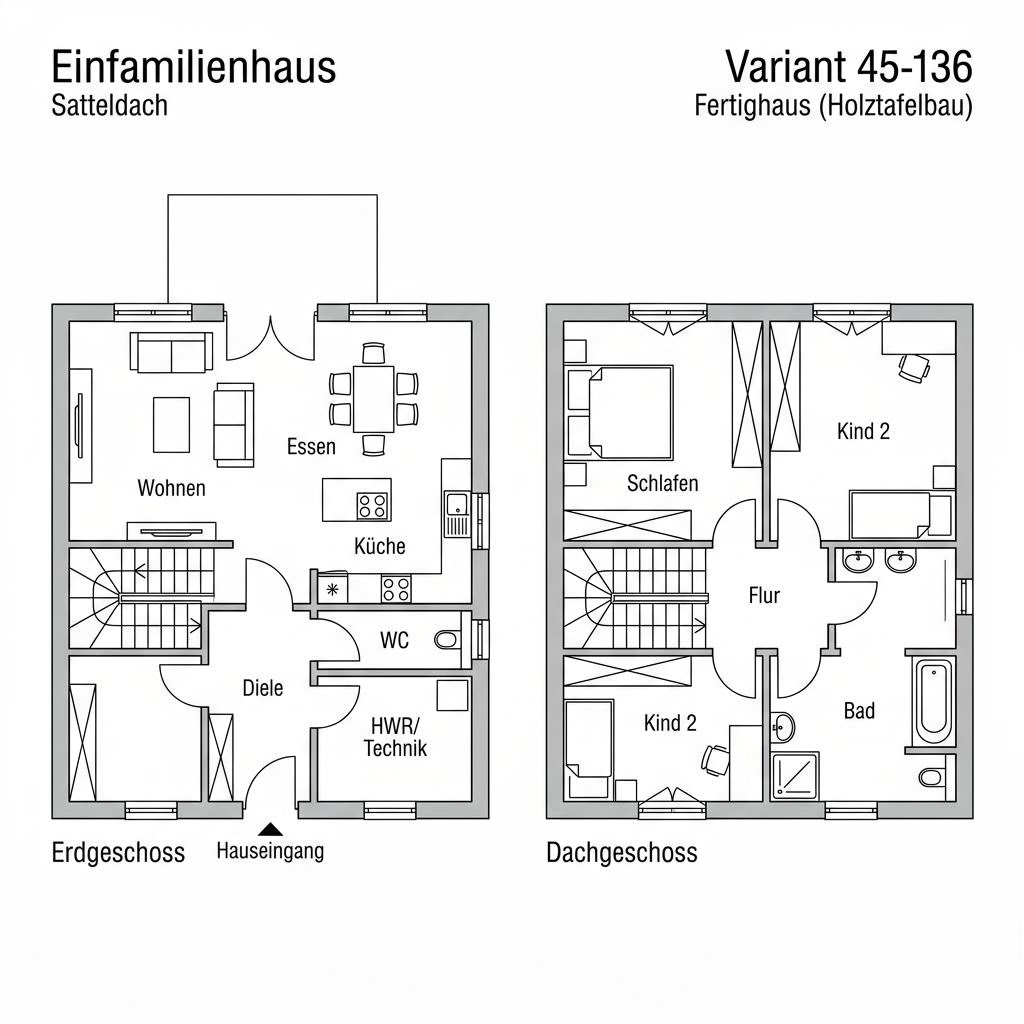 Grundriss Variant 45-136 – 136 m² Einfamilienhaus mit 4 Zimmern