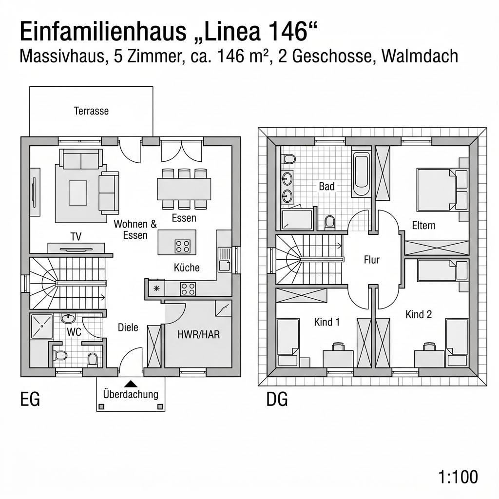 Grundriss Linea 146 – 146 m² Einfamilienhaus mit 5 Zimmern