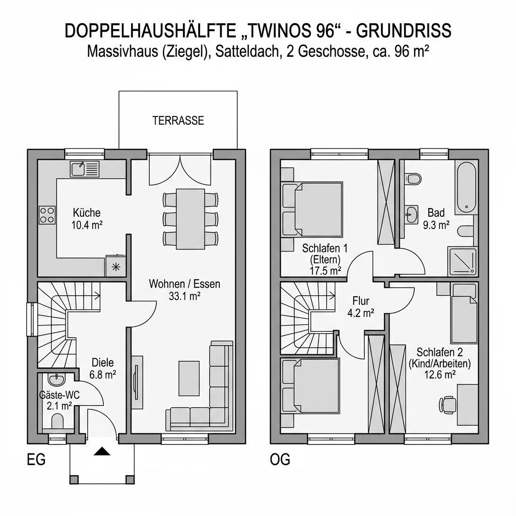 Grundriss Twinos 96 von Heinz von Heiden Massivhäuser — 96 m², 3 Zimmer