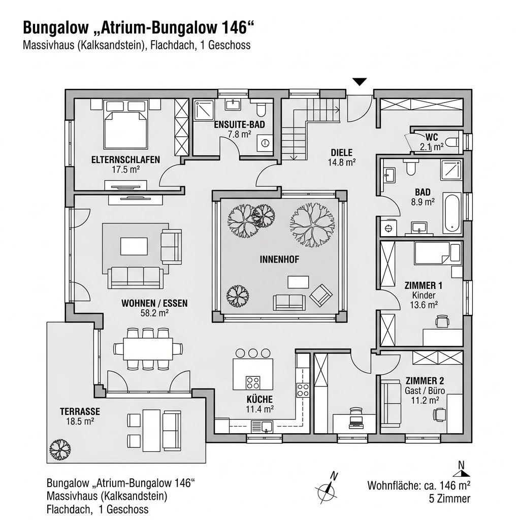 Grundriss Atrium-Bungalow 146 von HELMA Eigenheimbau