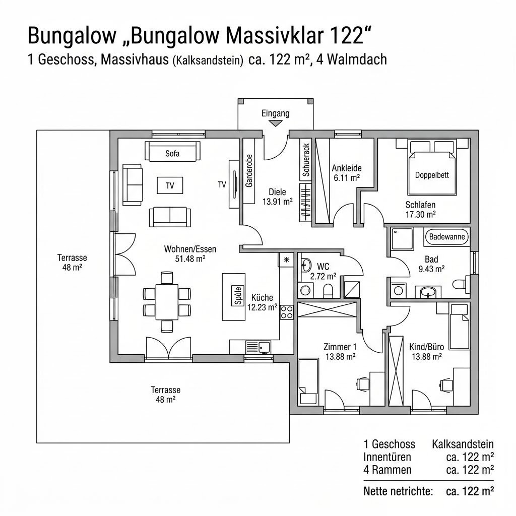 Grundriss Bungalow Massivklar 122 von HELMA Eigenheimbau