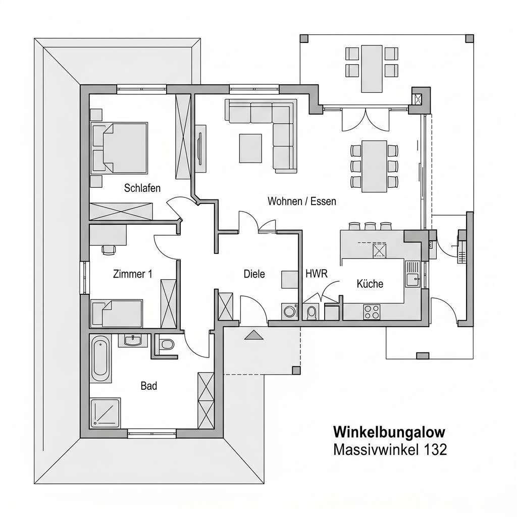 Grundriss Winkelbungalow Massivwinkel 132 von HELMA Eigenheimbau