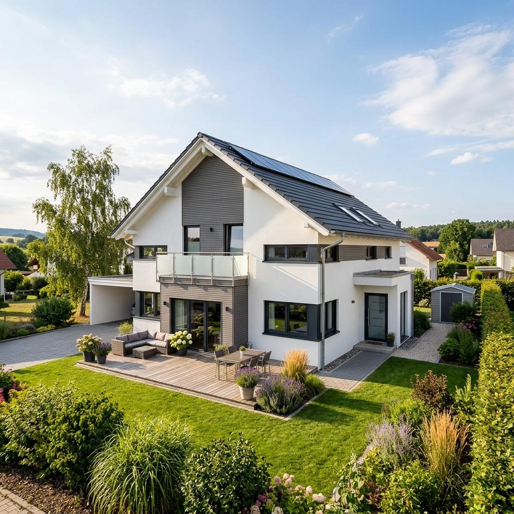 Holzhaus eco-Haus 128 von Beilharz Haus — kompaktes Öko-Familienhaus mit Satteldach