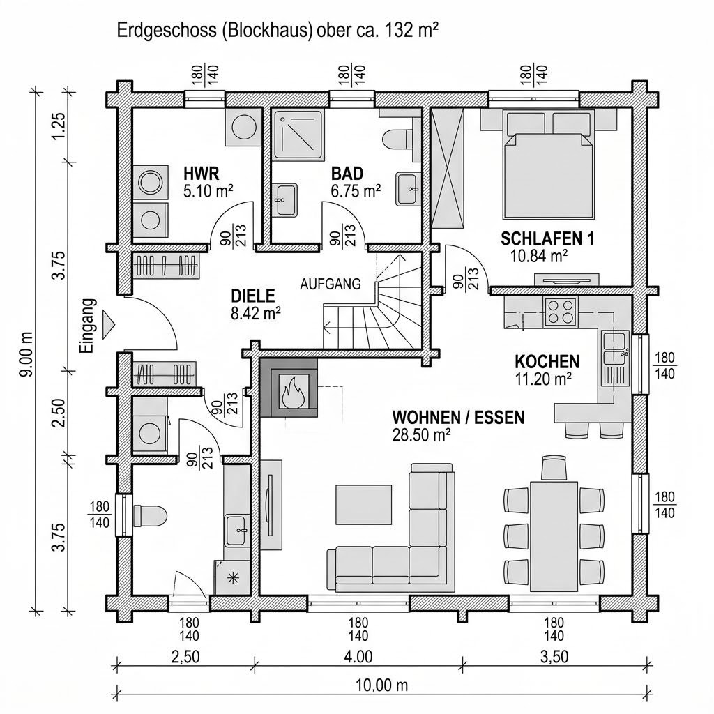 Blockhaus Aurora 132 von Honka Blockhaus mit Satteldach — finnisches Massivholzhaus mit 132 m²