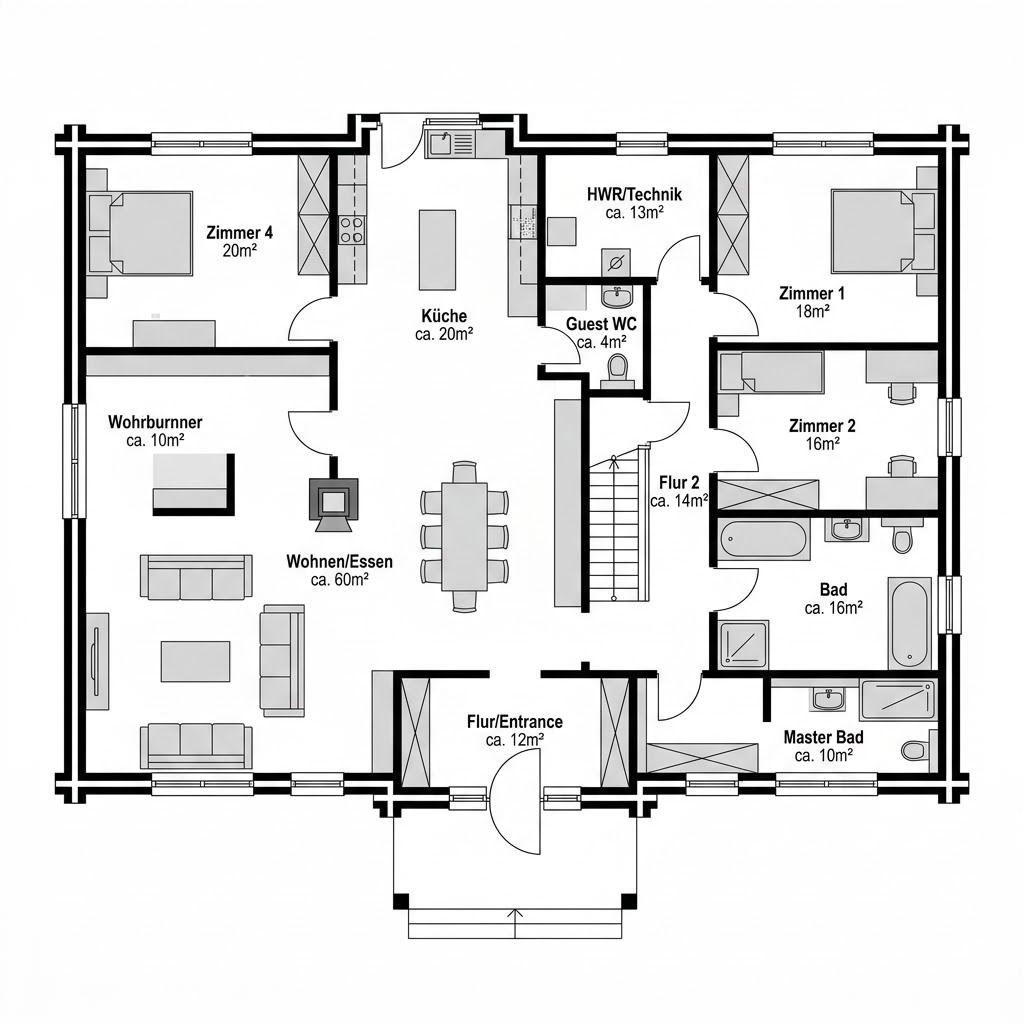 Grundriss Fantasia 188 – 188 m² Blockhaus mit 5 Zimmern