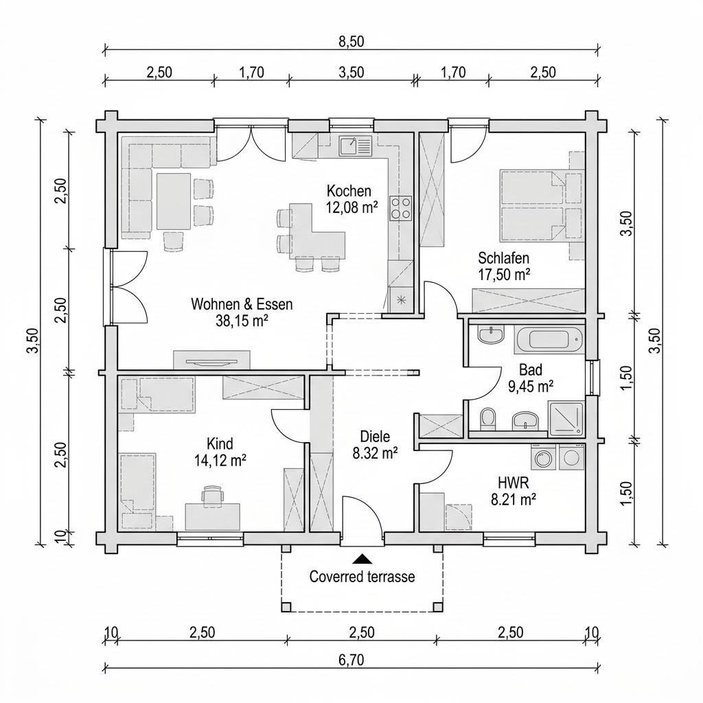 Blockhaus Polar 118 von Honka Blockhaus mit Pultdach — ebenerdiges finnisches Massivholzhaus mit 118 m²