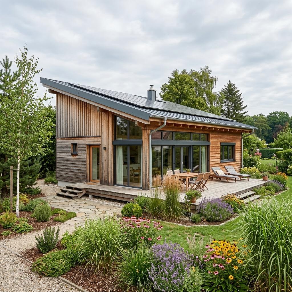 Lakeland 72 von Honka Ferienhaus Lakeland 72 von Honka als modernes finnisches Blockhaus mit Pultdach und Glasfront