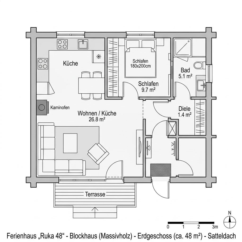 Grundriss Ruka 48 von Honka — 48 m², 2 Zimmer