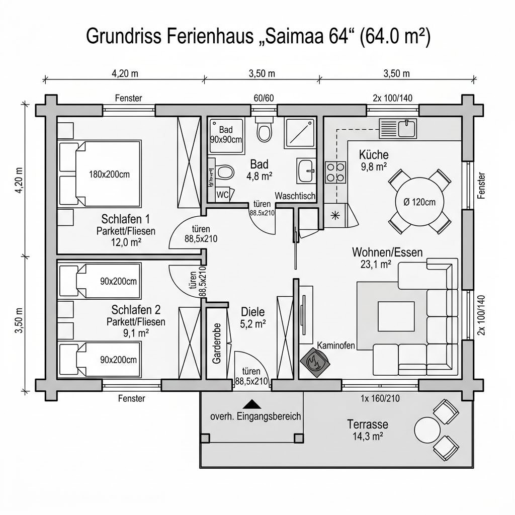 Grundriss Saimaa 64 von Honka — 64 m², 3 Zimmer