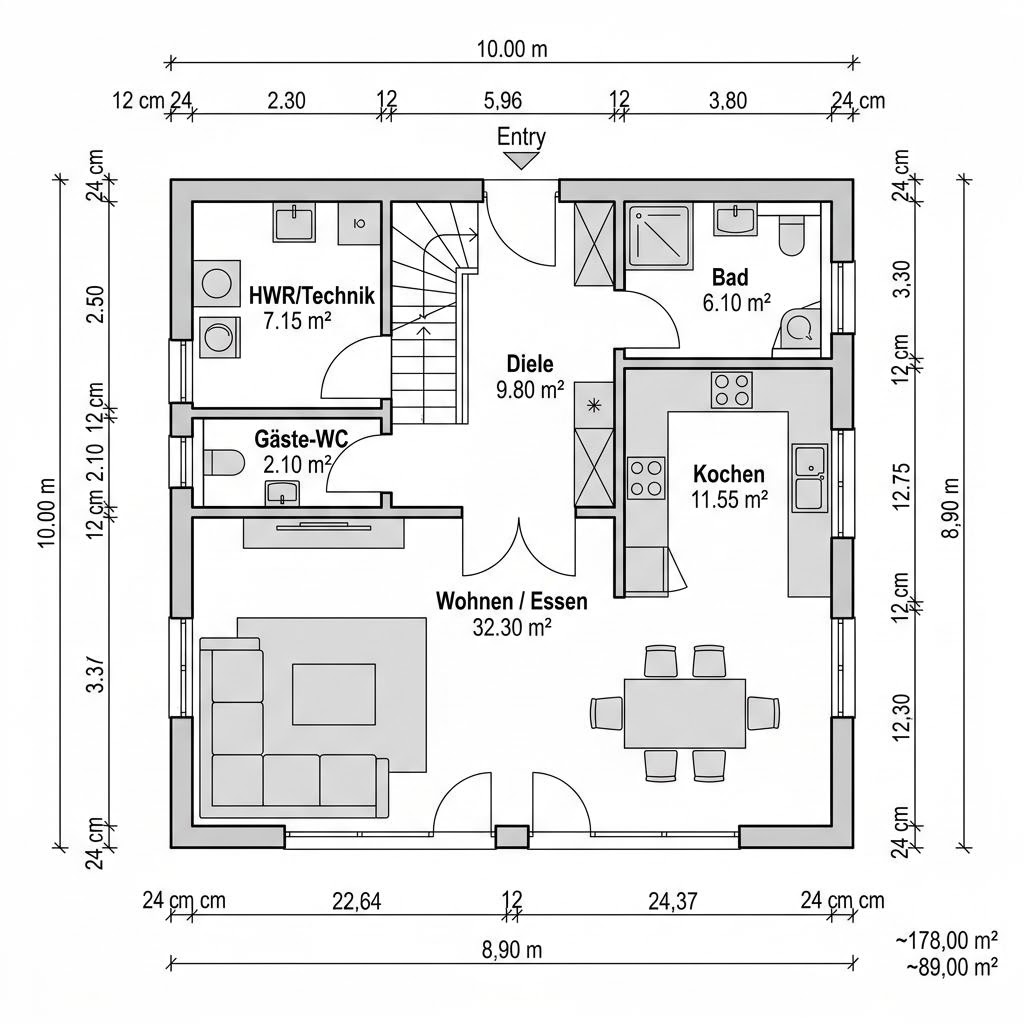 Kubushaus ART 178 von HUF HAUS mit Flachdach — kubisches Glas-Fachwerkhaus im Bauhausstil mit 178 m²