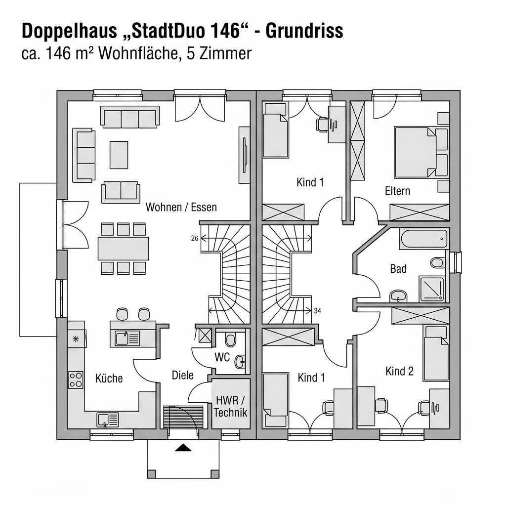 Grundriss Doppelhaus StadtDuo 146 von KAMPA