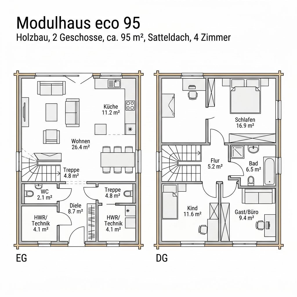 Modulhaus eco 95 von KAMPA — zweigeschossiges Holzmodulhaus mit Satteldach und 95 m²