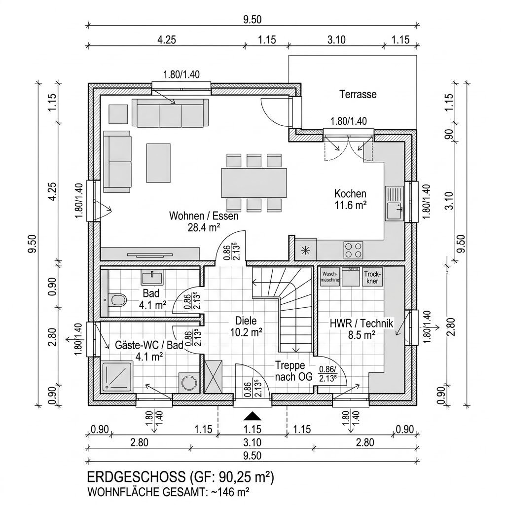 Kubushaus Signum 146 von Kern-Haus mit Flachdach — kubisches Massivhaus im Bauhausstil mit 146 m²