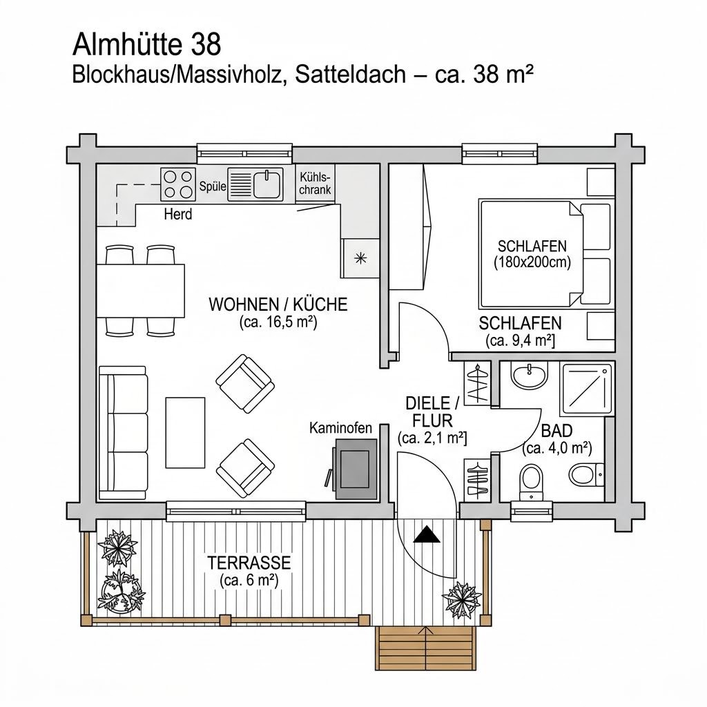Ferienhaus Almhütte 38 von LéonWood als kleine Blockhütte im Almstil mit Loggia