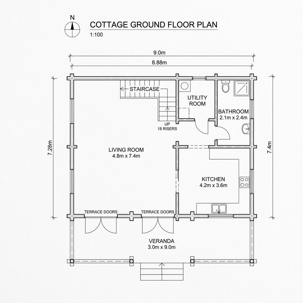 Grundriss Minttu – 86 m² Blockhaus mit 3 Zimmern