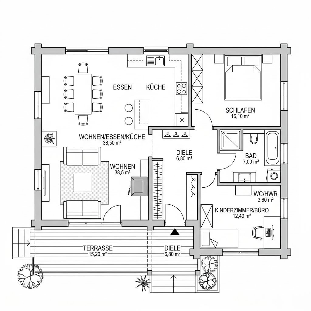 Grundriss Nordic Cube 96 – 96 m² Blockhaus mit 3 Zimmern