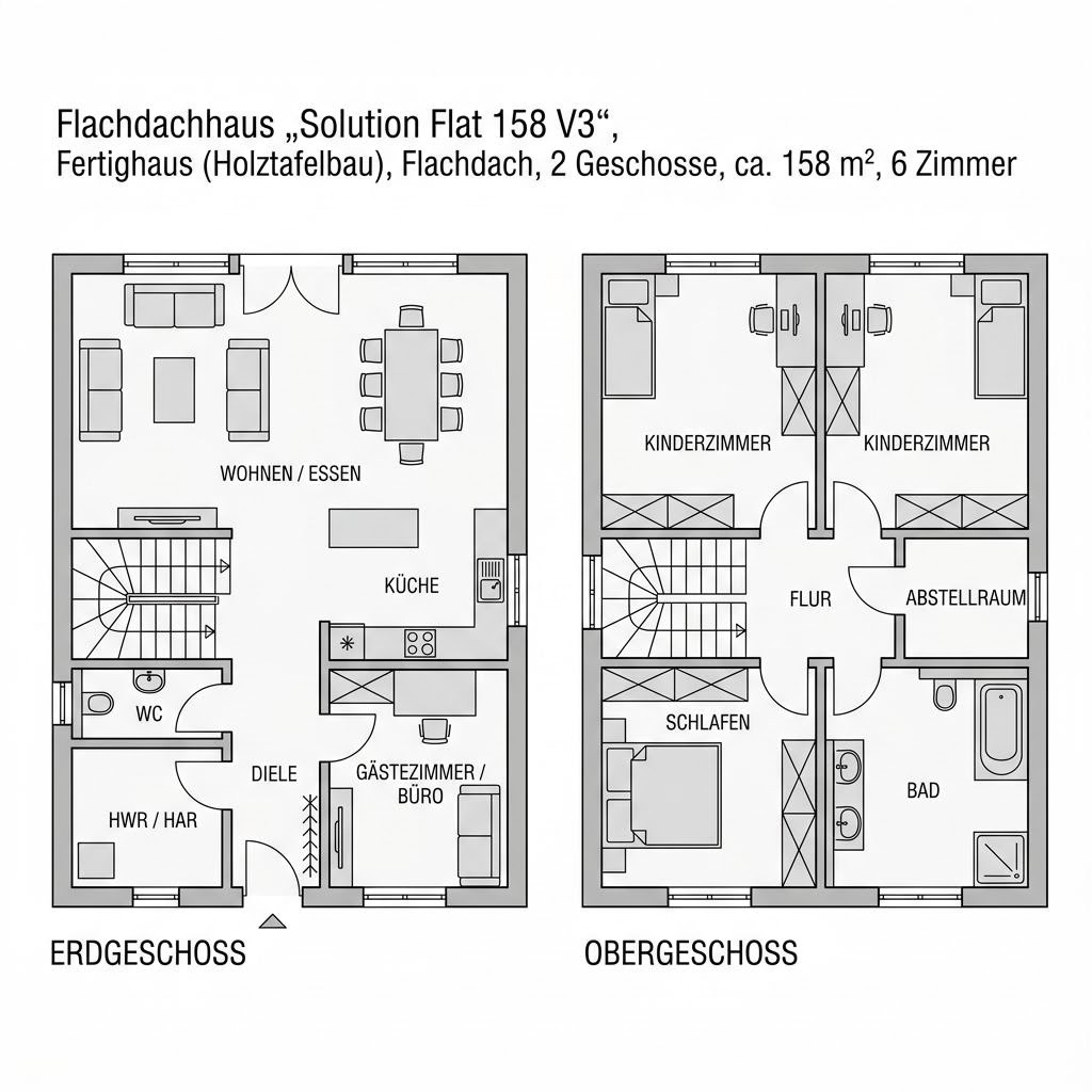 Flachdachhaus Solution Flat 158 V3 von Living Fertighaus mit Flachdach — Holzfertighaus mit 158 m² und Dachterrasse