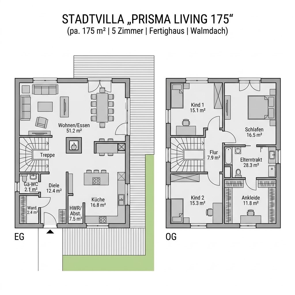 Stadtvilla Prisma Living 175 von LUXHAUS mit Walmdach und diffusionsoffener Holzbauweise
