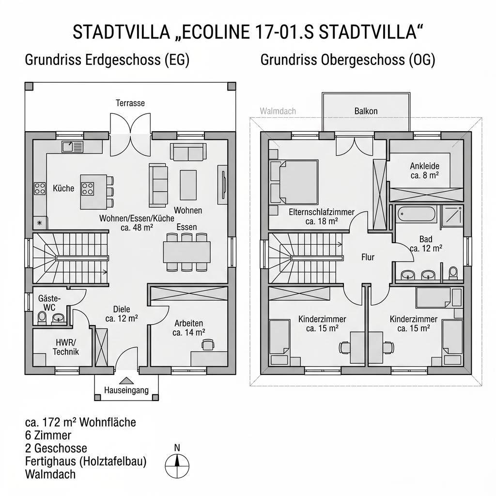 Stadtvilla EcoLine 17-01.S von massa haus mit Walmdach — Ausbauhaus mit 172 m² für Familien