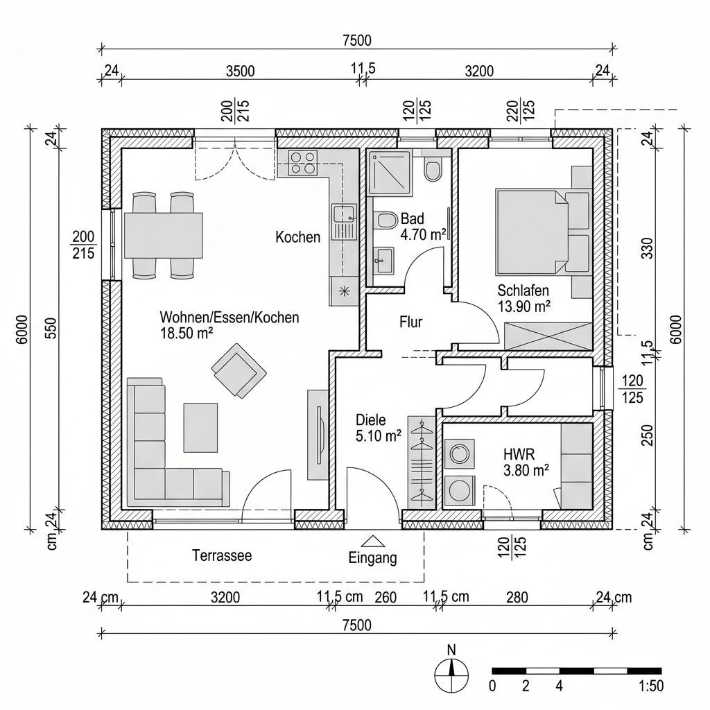 Grundriss Anbau Cube 45 – 45 m² Anbau / Aufstockung mit 2 Zimmern