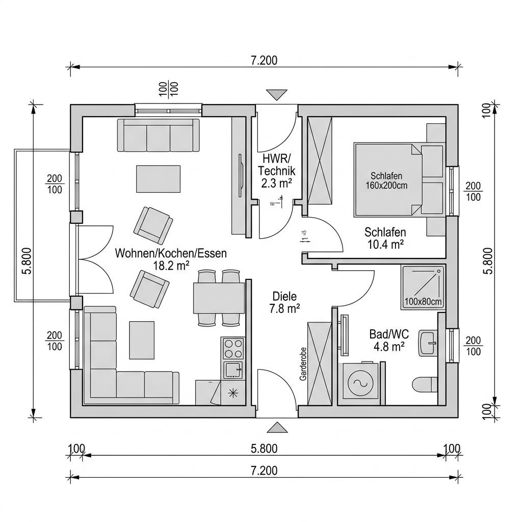 Grundriss Tiny House Cube 40 von McCube — 40 m², 2 Zimmer