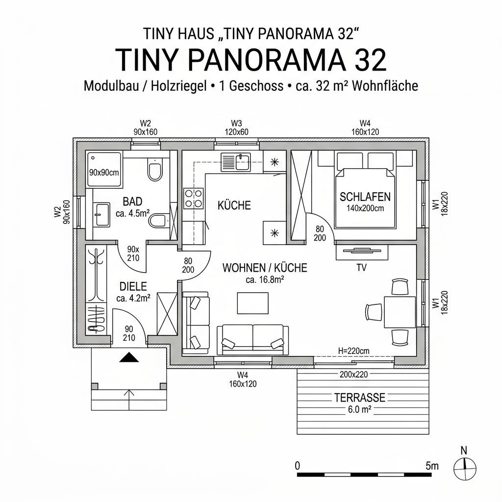 Tiny House Tiny Panorama 32 von McCube — Holzriegel-Minihaus mit Pultdach, Eckverglasung und 32 m²