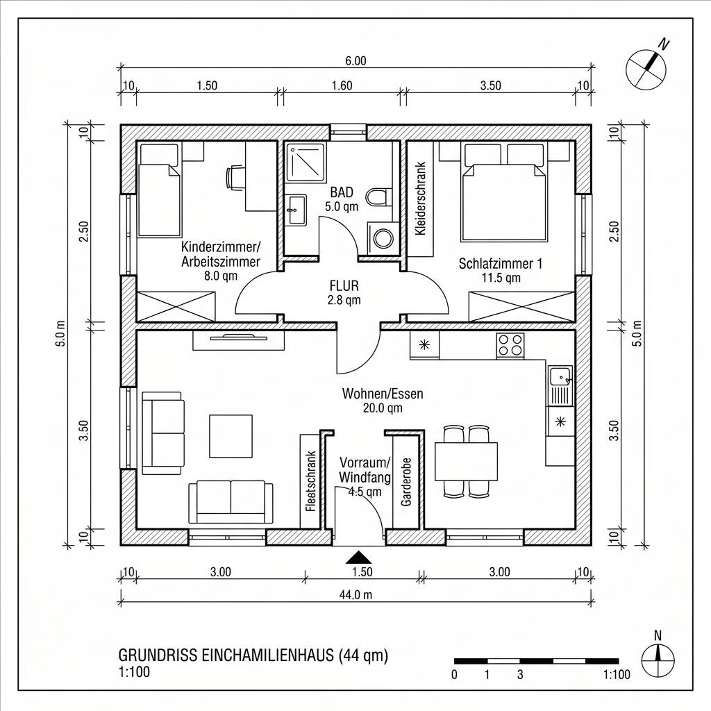 Grundriss COMMOD Modul Anbau 44 – 44 m² Modulhaus mit 2 Zimmern