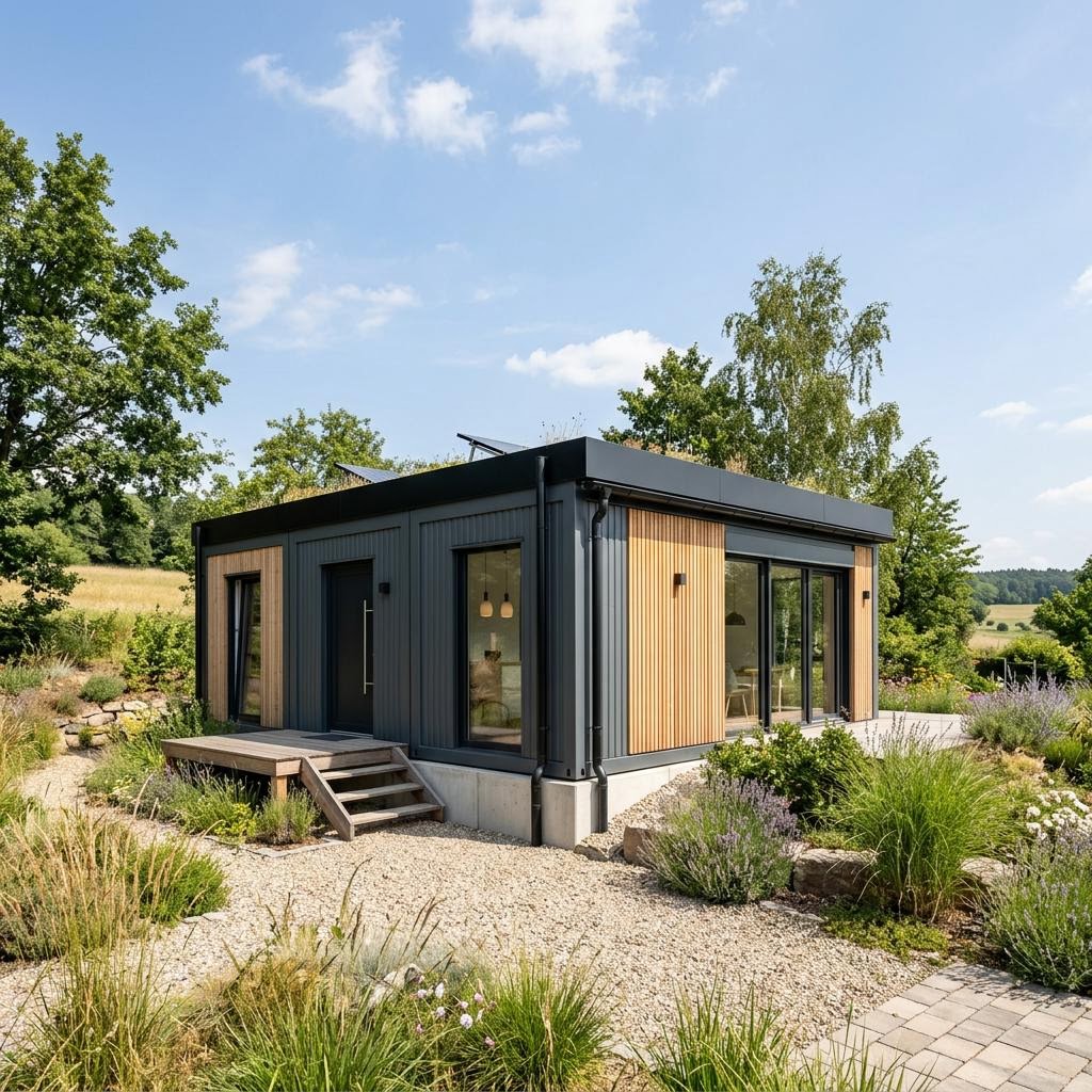 Containerhaus Baumodul von Containerwerk mit Flachdach — ausbaufähiges Raummodul aus Stahl